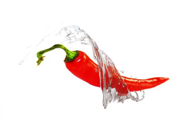 3D illustration of red chilly pepper on white background with water splash — Stock Photo, Image