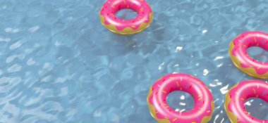 Renkli şişme halka çörek oyuncak yüzme havuzu su yukarıdan, 3d render havadan görünümü