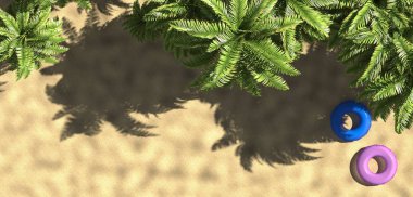3d render palm ağacı ve yukarıdan kayan yüzüklü tropikal plaj
