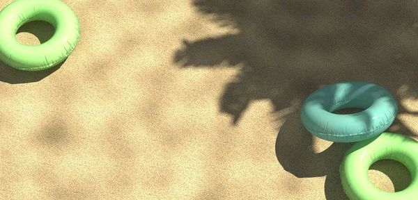 3d render palm ağacı ve yukarıdan kayan yüzüklü tropikal plaj