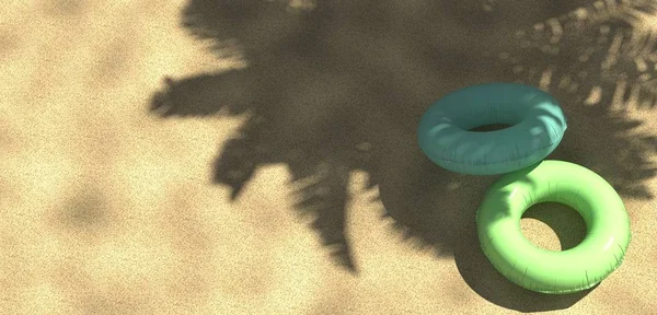 3d render palm ağacı ve yukarıdan kayan yüzüklü tropikal plaj