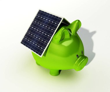 Beyaz izole bir pembe kumbara üzerinde güneş hücresidir 3d render arka plan