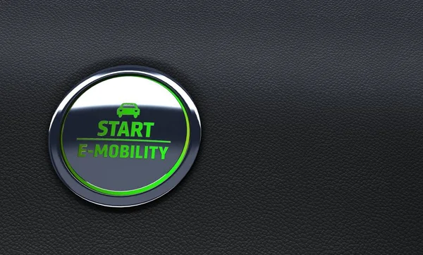 yeşil araba düğme. E-Mobilite kavramı. 3D render
