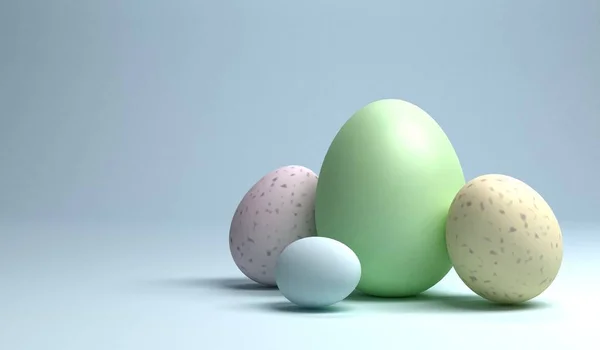 Un grupo de huevos de Pascua sobre fondo azul claro, 3d renderizado — Foto de Stock