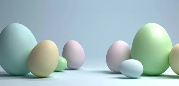 Un grupo de huevos de Pascua sobre fondo azul claro, 3d renderizado —  Fotos de Stock