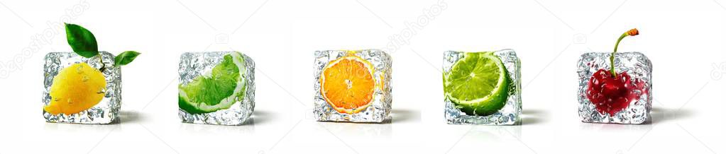 Fruits in ice cubes isolated in white background