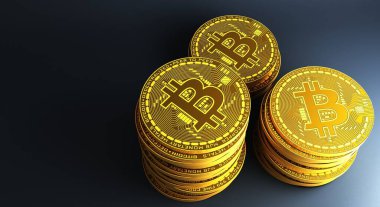 Yansıtıcı yüzeyde bulunan birçok altın bitcoin, 3d oluşturma