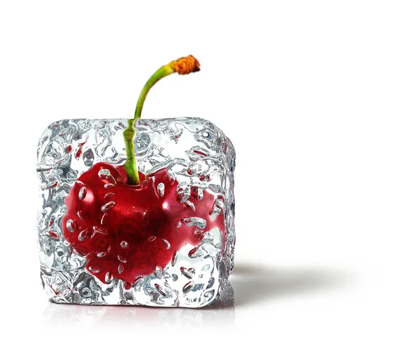 Cherry in the ice cube — Stock Photo, Image