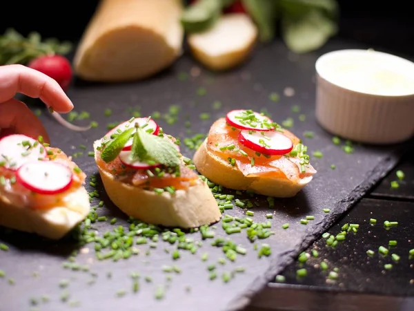 Delicious crunchy salmon sandwiches Stock Picture