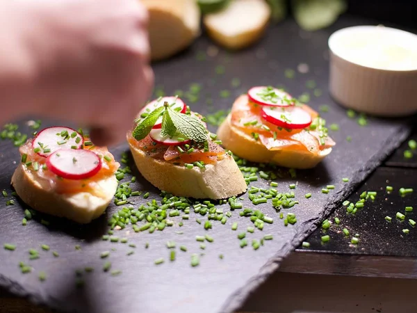 Delicious crunchy salmon sandwiches Royalty Free Stock Photos