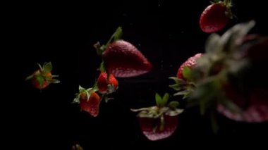 Siyah arka plan üzerinde çilek objektif yaklaşım. Yavaş çekim