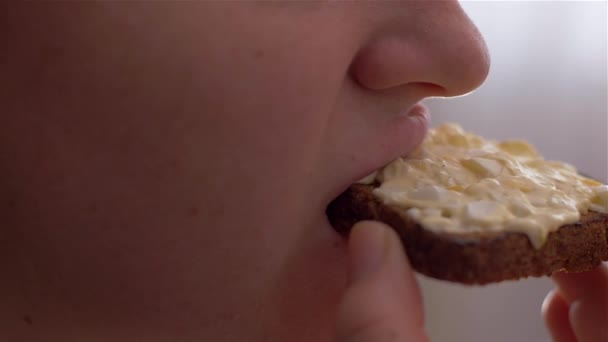 Woman wearing a sandwich with an egg salad Close up — Stock Video