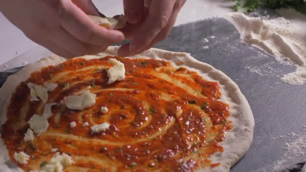 Chef-kok zet mozzarella op de pizza — Stockvideo