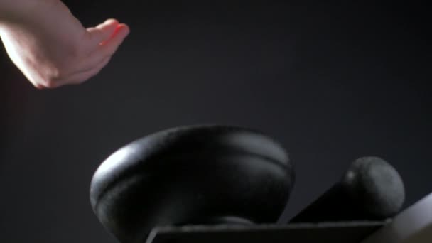 En kvinnas hand hällde svart och vitpeppar i en murbruk. Slow motion — Stockvideo