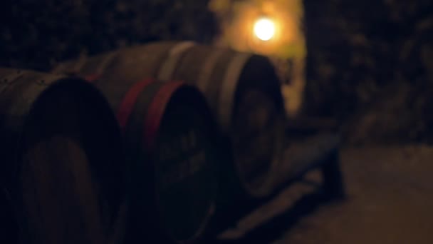 Old barrels for wine storage. Old cellar — Stock Video