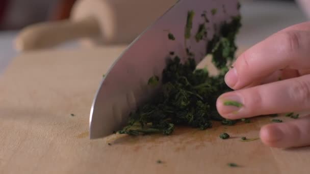 Шеф-повар измельчает сырой шпинат, оставляя замедленную съемку — стоковое видео