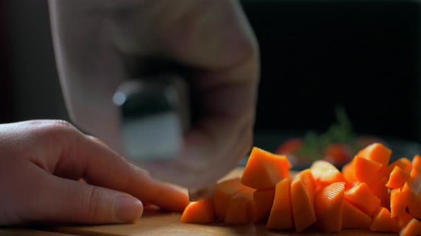 Cortar zanahorias en una tabla de madera. contraluz. Movimiento lento — Vídeo de stock