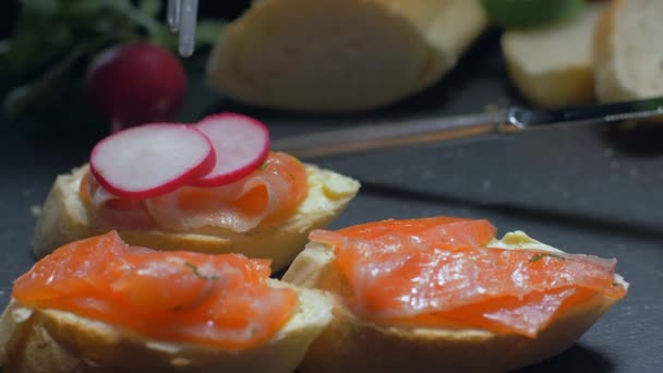 Placering rädisor på en lax smörgås. Slow motion — Stockvideo