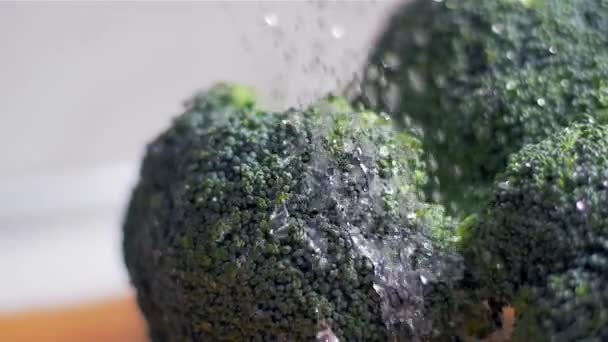 Frischen Brokkoli in Zeitlupe auf einem Holzbrett waschen — Stockvideo