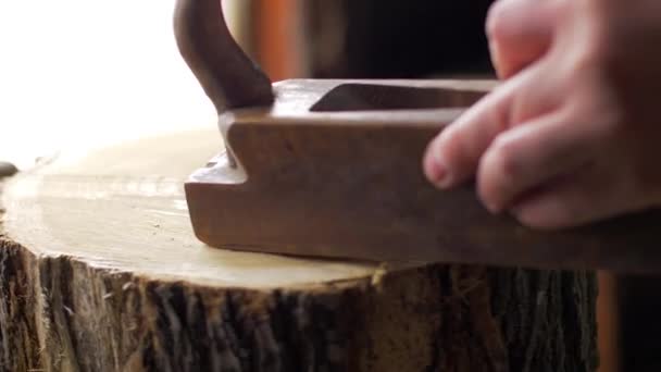 El carpintero trabaja en el estudio, el trabajador forma un árbol con un rallador — Vídeos de Stock