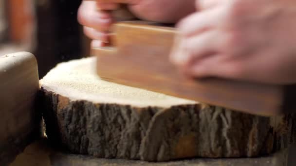 El carpintero trabaja en el estudio, el trabajador forma un árbol con un rallador — Vídeos de Stock