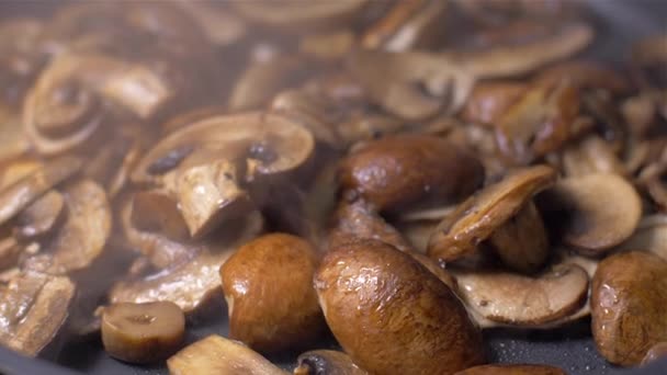 Cooking mushrooms in a pan slow motion — Stock Video