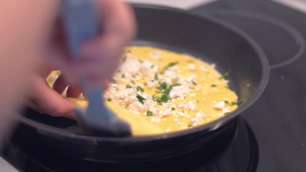 Cookie förvandlar omeletten till en rulle — Stockvideo