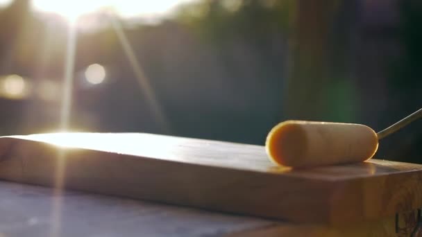 Profesyonel marangoz pürüzsüz bir ahşap vernik net bir tabaka uygulayarak — Stok video
