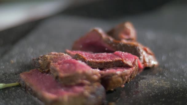 Le chef saupoudre un filet de sel avec du sel — Video