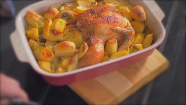 Corte de frango suculento no forno com batata — Vídeo de Stock