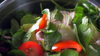 Beyaz peynir küpleri taze salata üzerine düşmek