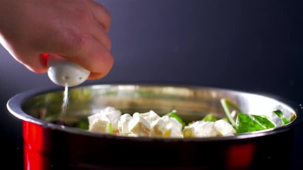 Ajouter du sel à un mélange de salades. Mouvement lent — Video