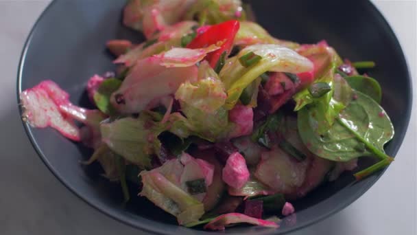 Välsmakande sallad med bitar av kyckling — Stockvideo