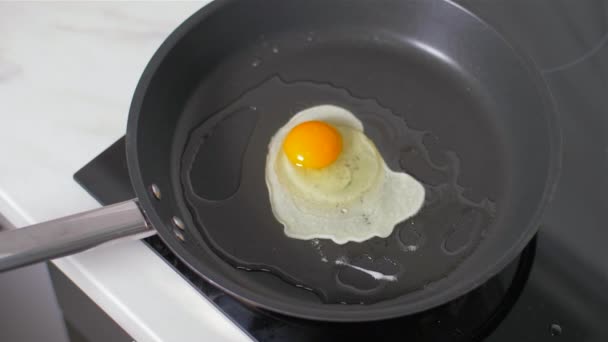 Подготовка яиц на сковороде — стоковое видео