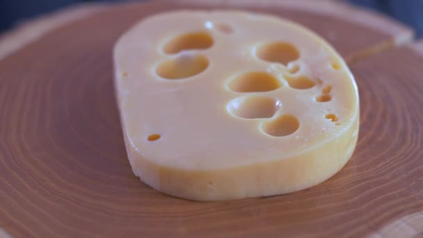 Queso Maasdam en una tabla de madera — Vídeo de stock