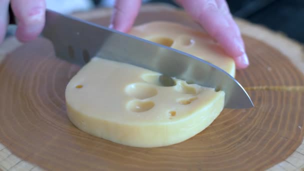 Maasdam-Käse auf einem Holzbrett schneiden — Stockvideo