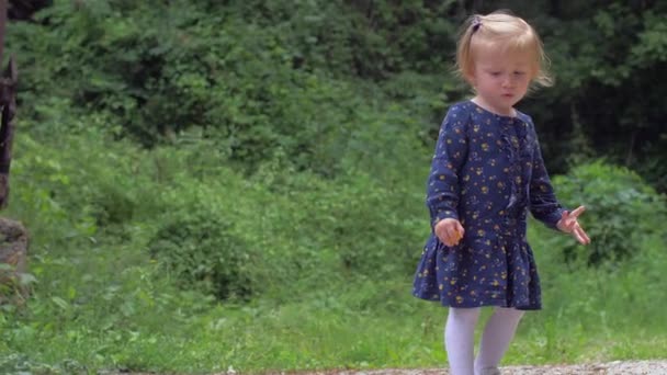 青いドレスを着た小さな女の子が自然の周りを歩いている — ストック動画