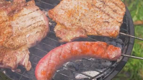Saucisses grillées et steak de porc sur une assiette grillée, en plein air. Nourriture grillée, barbecue — Video