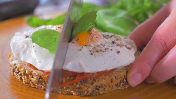 Cutting a sandwich with an egg. The yolk is flowing — Stock Video