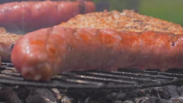 Жареные сосиски и свиной стейк на гриле, на открытом воздухе. Гриль, барбекю — стоковое видео