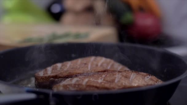 Le chef saupoudre de poitrine de canard salé dans une casserole — Video