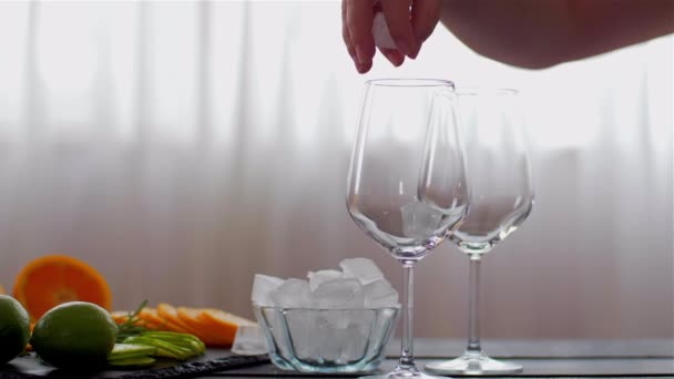 Het plaatsen van ijs in een glas. Cocktails bereiden — Stockvideo