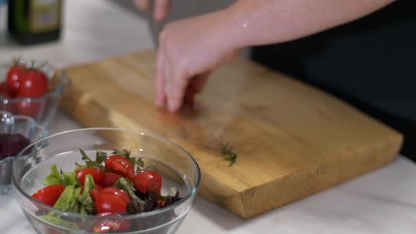 Bir kadın el onu sağlıklı salata için kiraz domates keser — Stok video