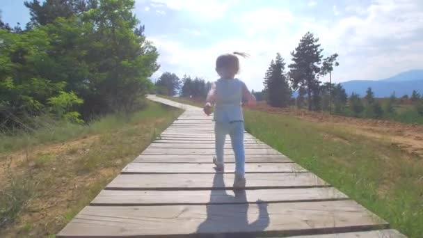 Una niña camina por un camino de madera en el bosque — Vídeos de Stock