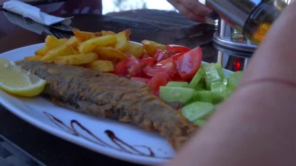 Gericht mit Fisch und Gemüsegarnitur — Stockvideo