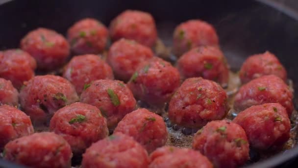 Приготування домашніх м'ясних кульок на сковороді — стокове відео