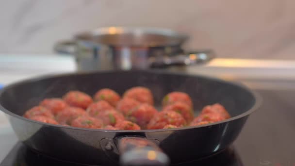 Préparation de boulettes de viande faites maison sur une casserole — Video