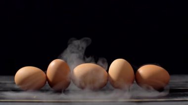 Siyah arka plan ve yumurta üzerinde yavaş çekimde sigara içen