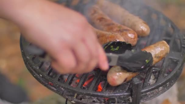 Жареные сосиски на природе — стоковое видео