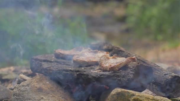 Pieczenia mięsa na kamieniu ognia — Wideo stockowe
